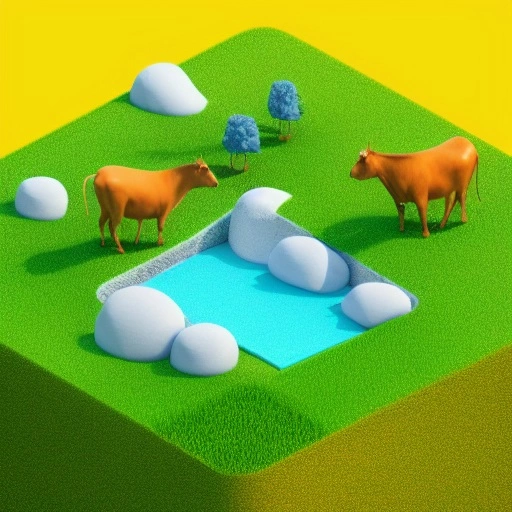 53573-113750449-isometric detailed grassland floating island containing 3d hero and 3d cows, soft smooth lighting, soft colors, yellow and blue.webp